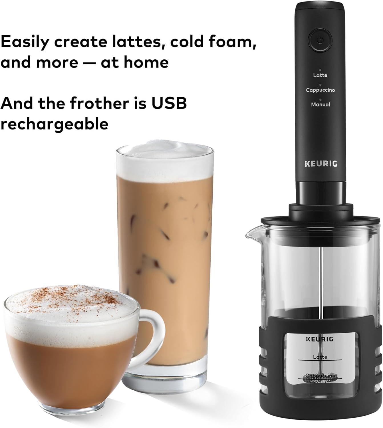 imageKeurig SimpleCafe Frother Rechargeable Handheld Milk Frother for Lattes Cappuccinos amp Iced Coffee USB Cord Included MicrowaveSafe Frothing Cup Hot amp Cold Foam Maker