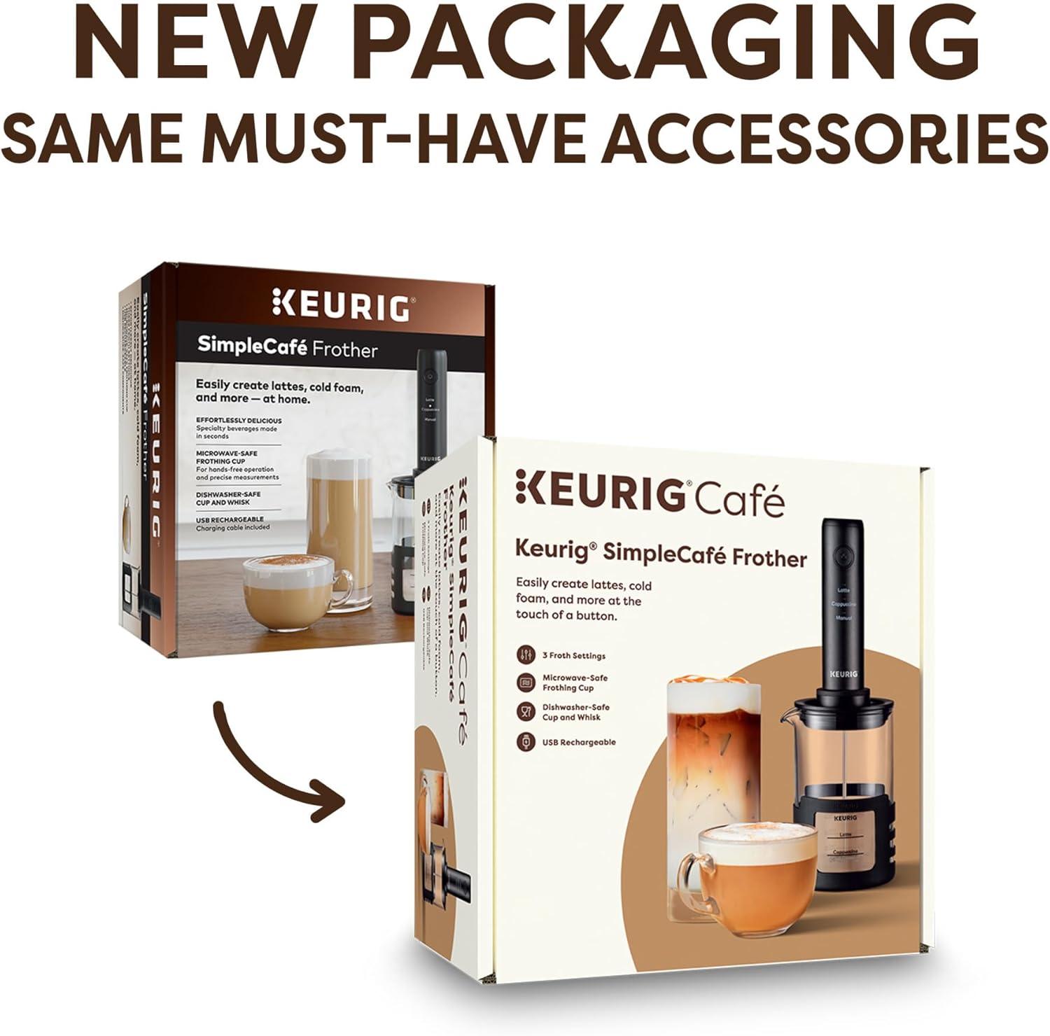 imageKeurig SimpleCafe Frother Rechargeable Handheld Milk Frother for Lattes Cappuccinos amp Iced Coffee USB Cord Included MicrowaveSafe Frothing Cup Hot amp Cold Foam Maker