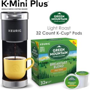 Keurig K-Mini Plus Single Serve Coffee Maker with Green Mountain Breakfast Blend Coffee Pods, 32 count
