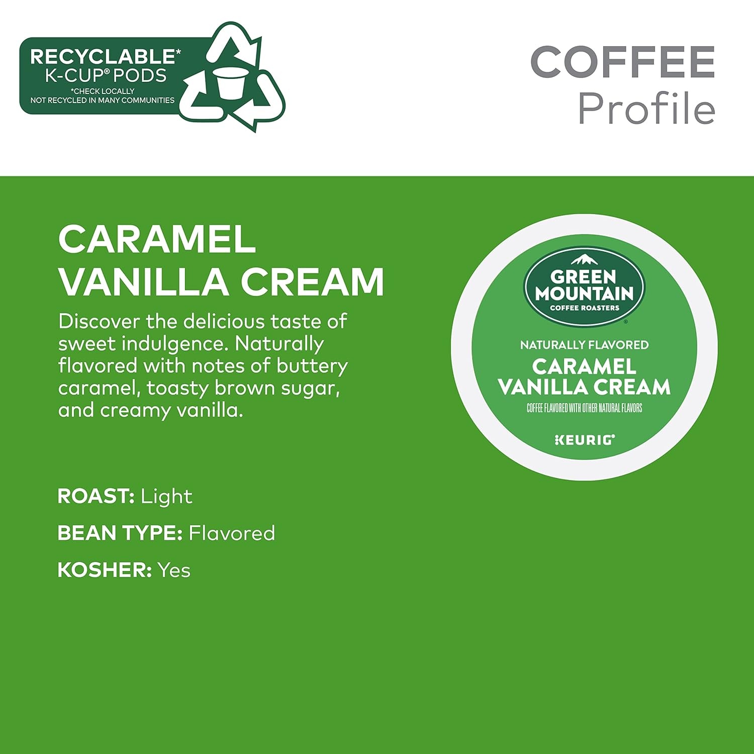 image:imageGreen Mountain Coffee Roasters Caramel Vanilla Cream Coffee Keurig SingleServe KCup pods Light Roast 96 CountCaramel Vanilla Cream