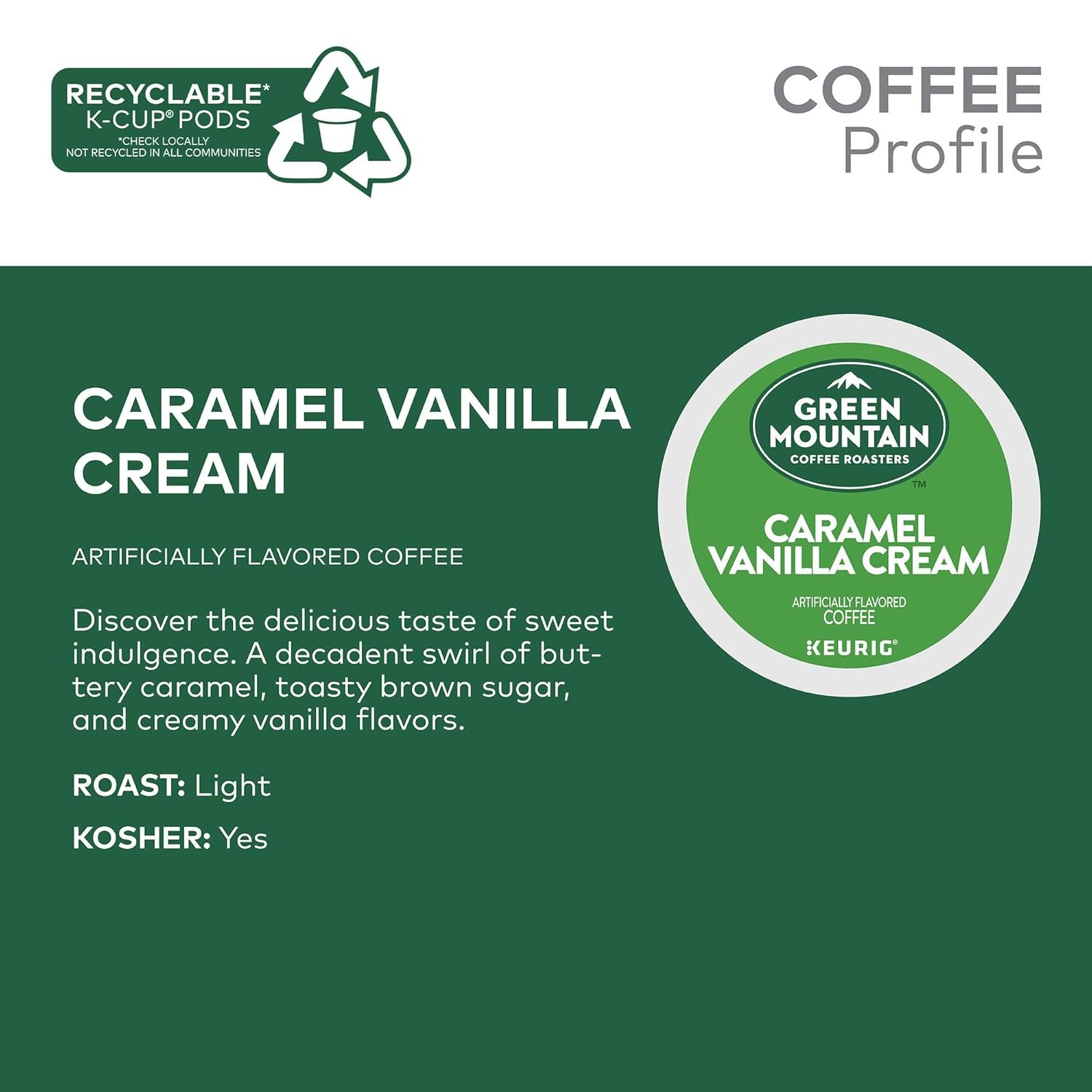image:imageGreen Mountain Coffee Roasters Caramel Vanilla Cream Coffee Keurig SingleServe KCup pods Light Roast 96 CountCaramel Vanilla Cream