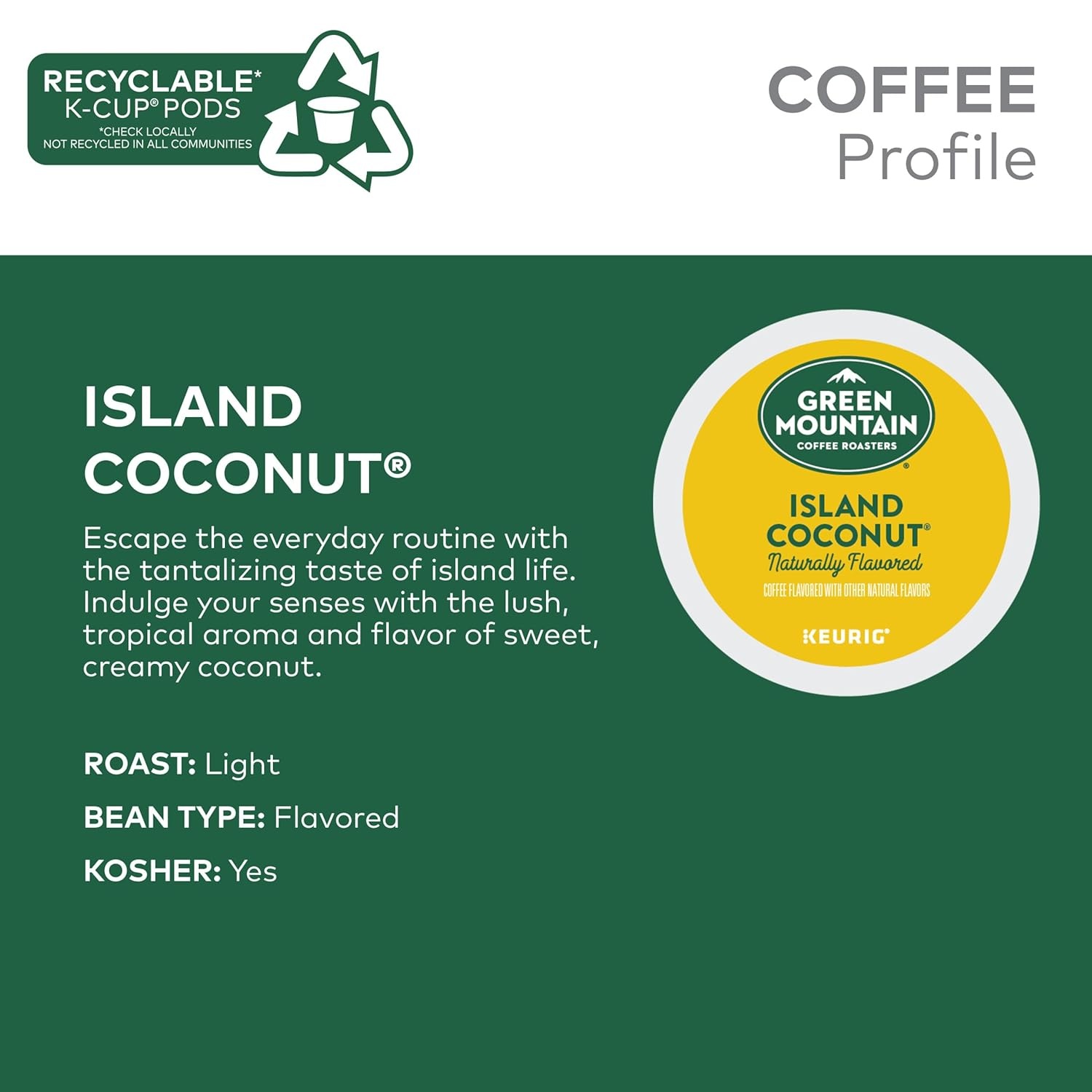 image:imageGreen Mountain Coffee Roasters Caramel Vanilla Cream Coffee Keurig SingleServe KCup pods Light Roast 96 CountIsland Coconut