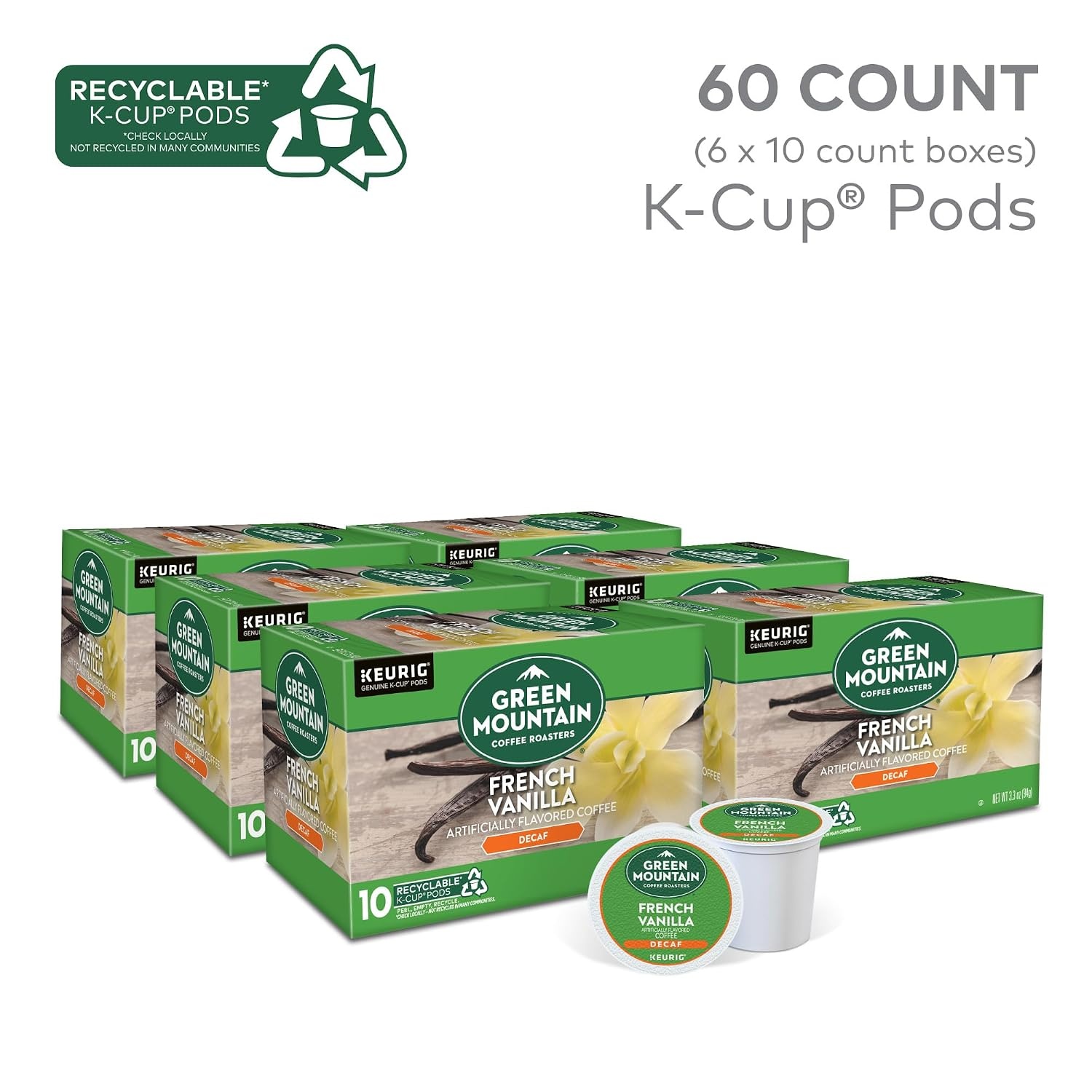 image:imageGreen Mountain Coffee Roasters Hazelnut Decaf SingleServe Keurig KCup Pods Flavored Light Roast Coffee Pods 96 CountFrench Vanilla