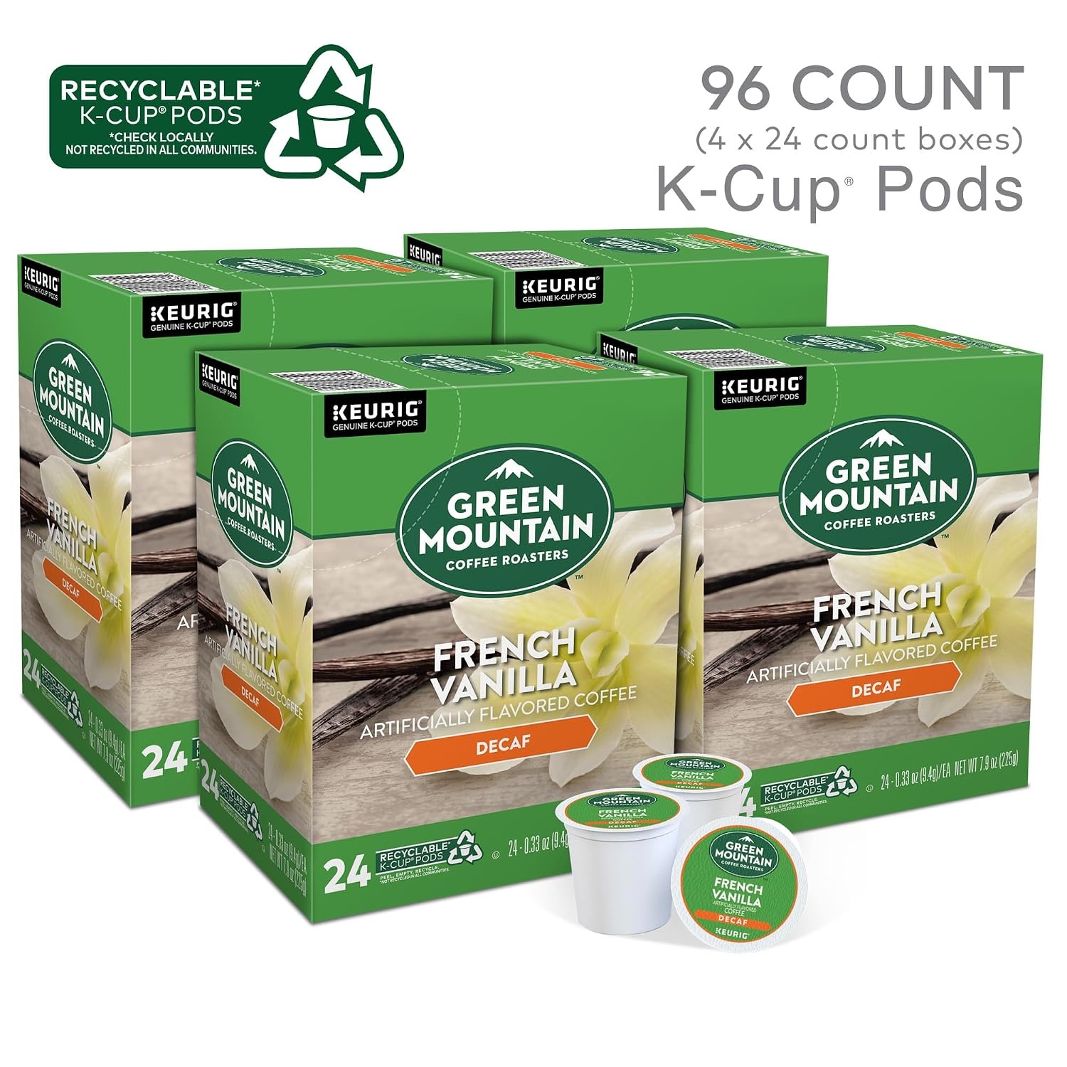image:imageGreen Mountain Coffee Roasters Hazelnut Decaf SingleServe Keurig KCup Pods Flavored Light Roast Coffee Pods 96 CountFrench Vanilla
