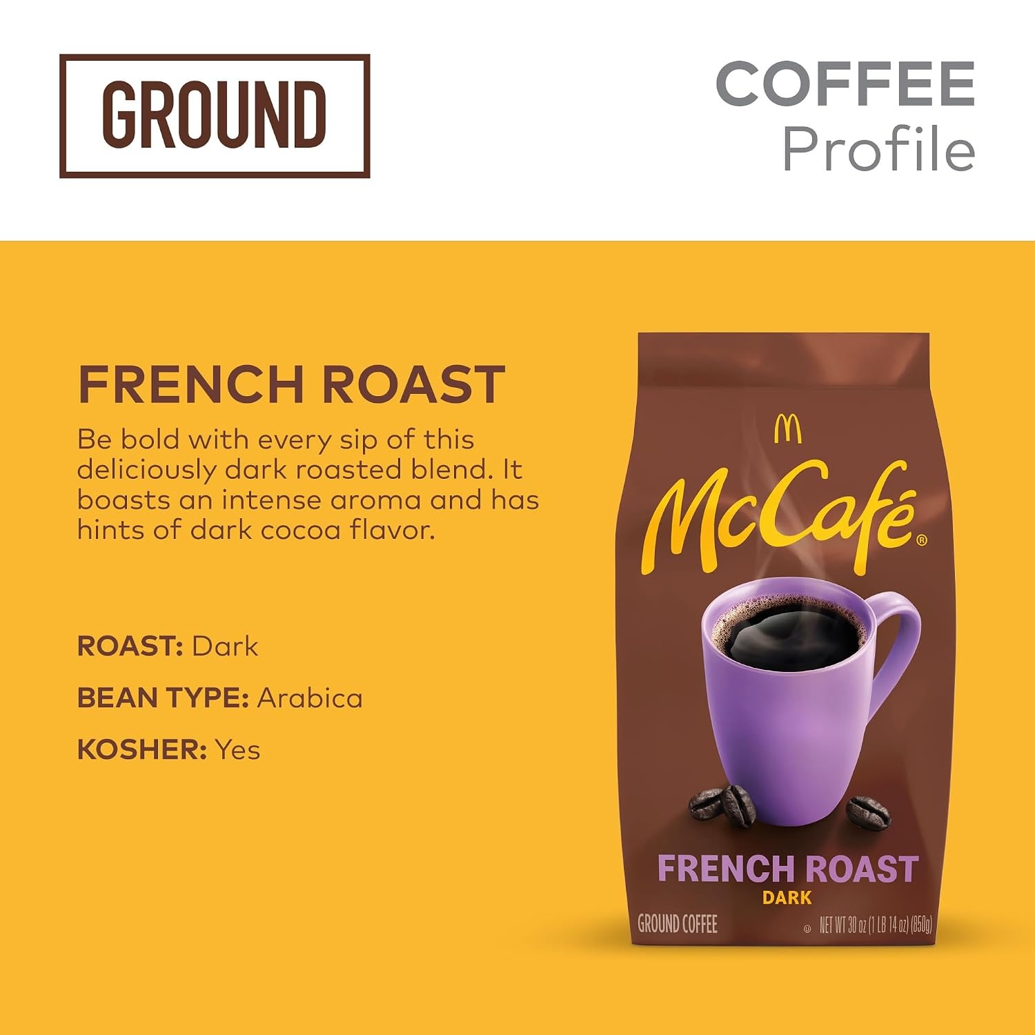 image:imageMcCafe Colombian Ground Coffee MediumDark Roast Mild Fruity Flavors Premium Quality Responsibly Sourced Kosher Certified 22oz BagFrench Roast