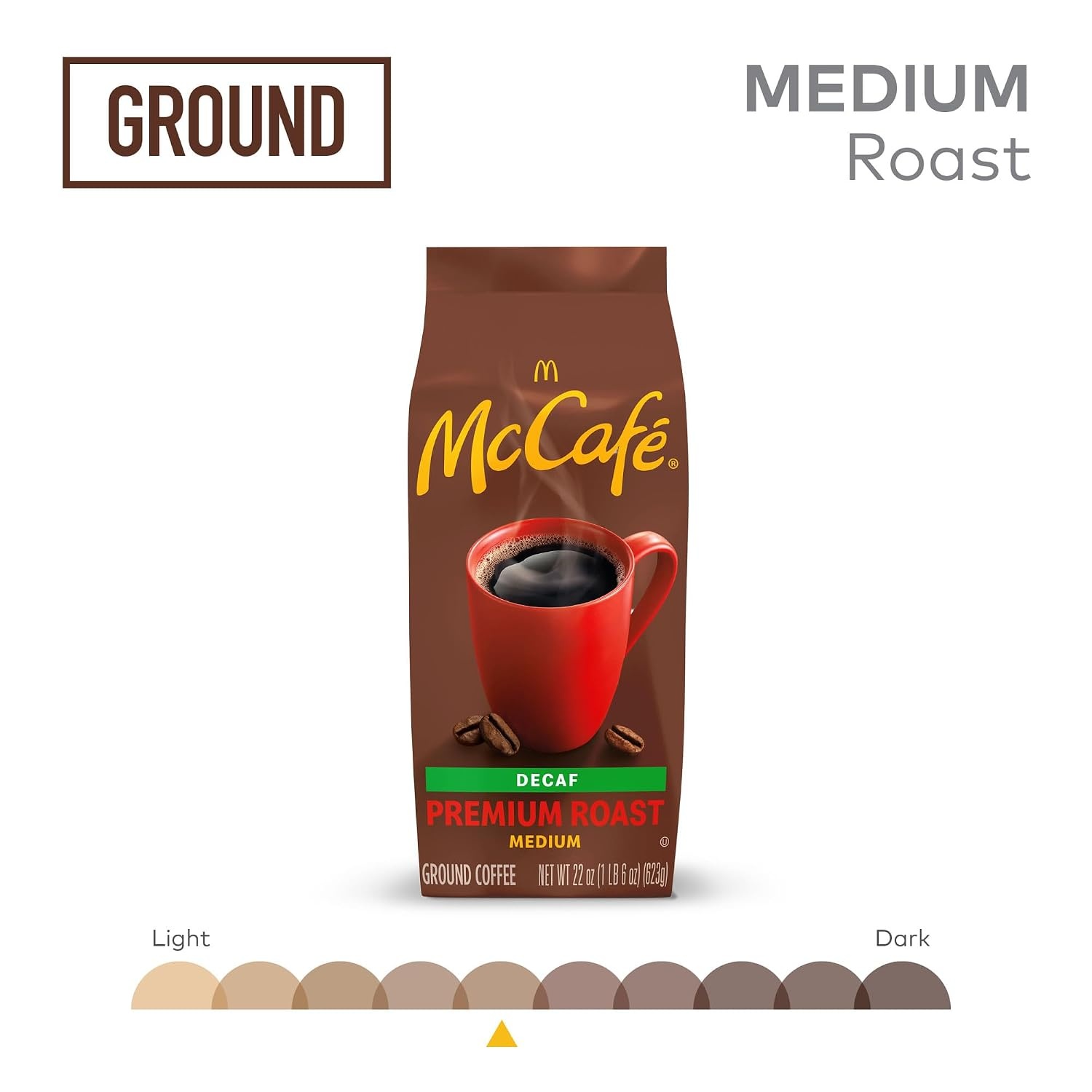 image:imageMcCafe Premium Roast Decaf Ground Coffee Medium Roast Decaffeinated Premium Quality Responsibly Sourced Kosher Certified 22oz BagPremium Decaf