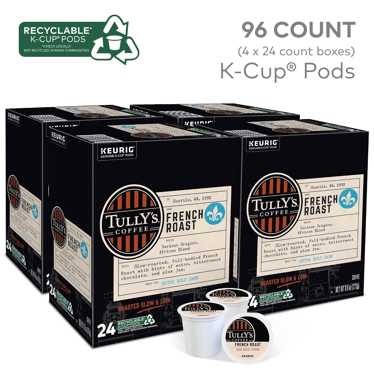 image:imageTullys Coffee Breakfast Blend Keurig SingleServe KCup Pods Light Roast Coffee 96 CountFrench Roast