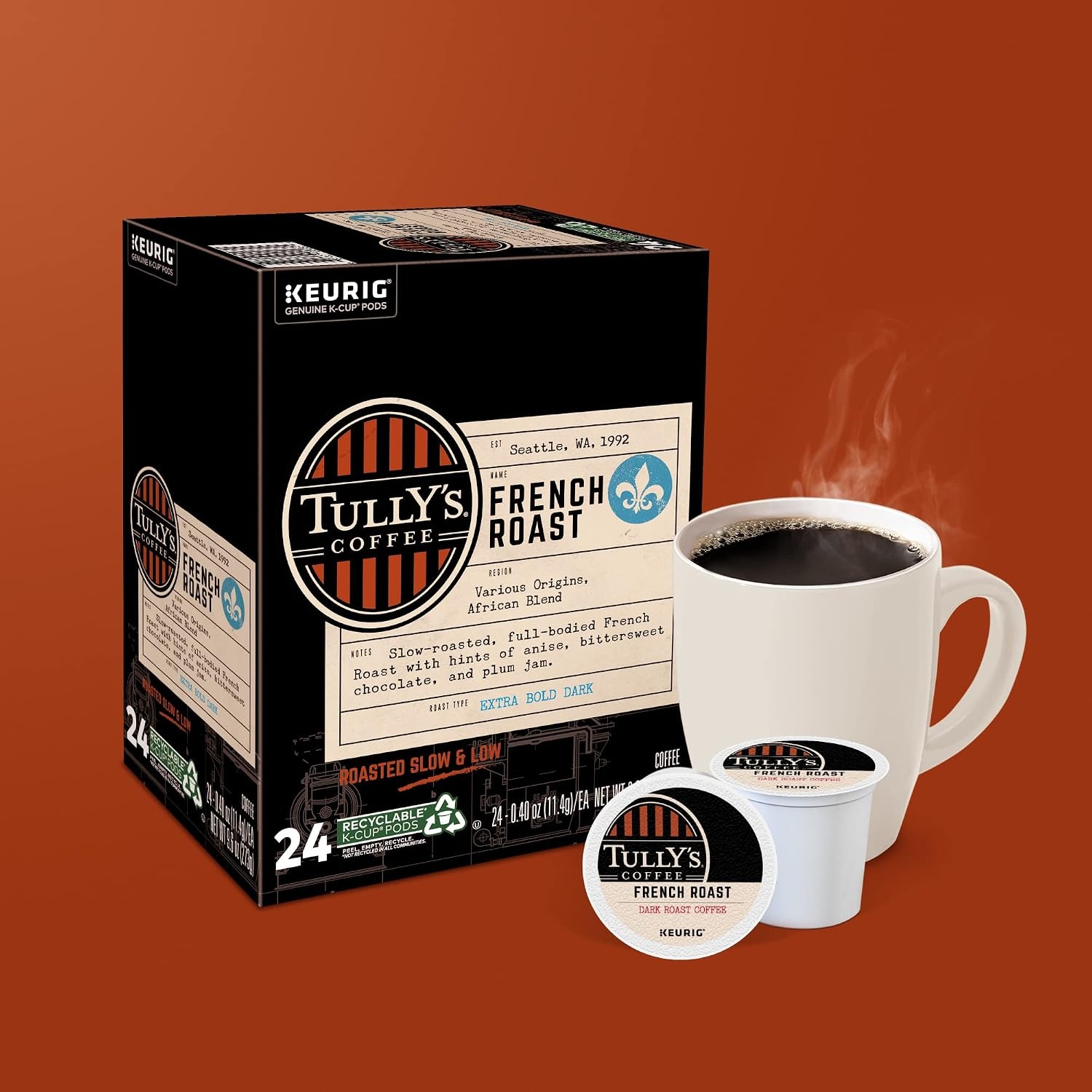 image:imageTullys Coffee French Roast Decaf Keurig SingleServe KCup Pods Dark Roast 96 CountFrench Roast