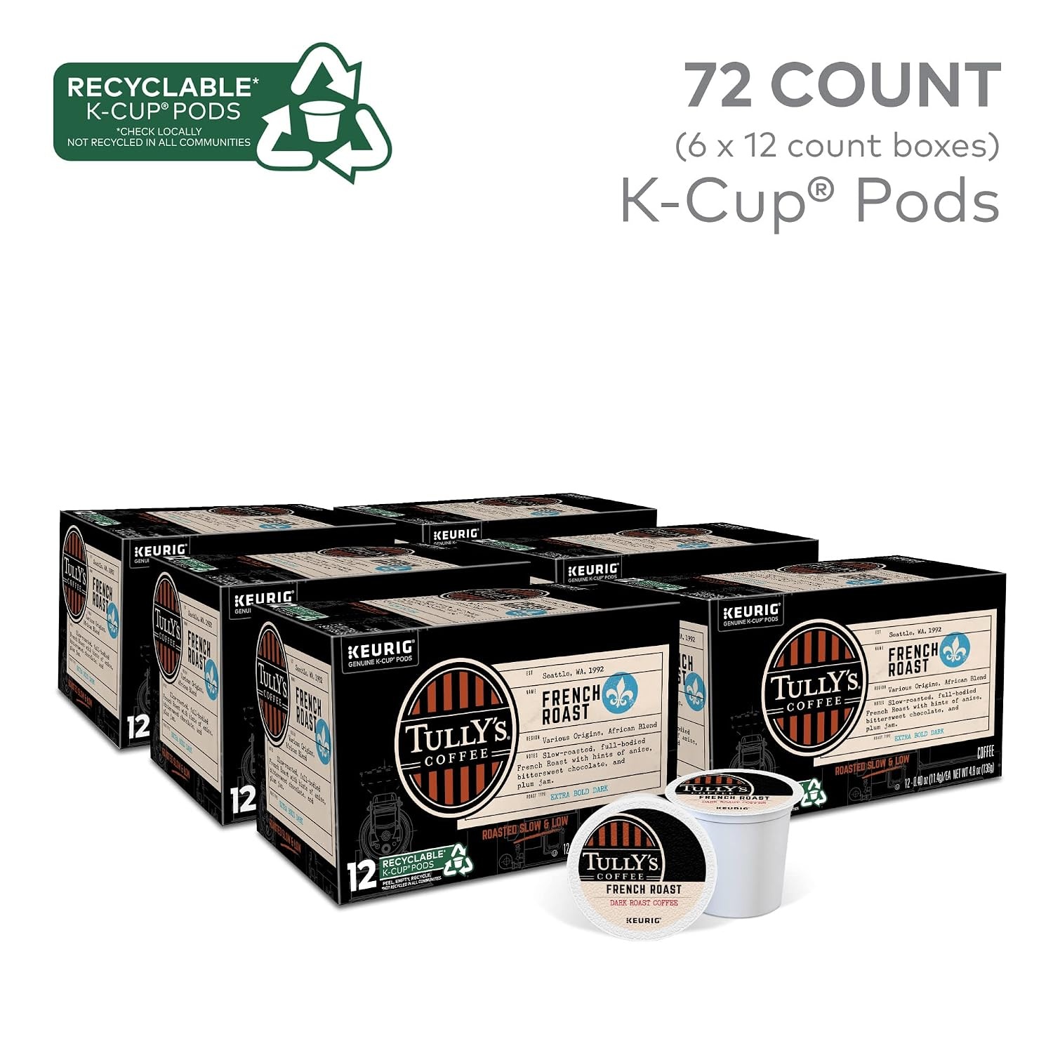 image:imageTullys Coffee French Roast Decaf Keurig SingleServe KCup Pods Dark Roast 96 CountFrench Roast