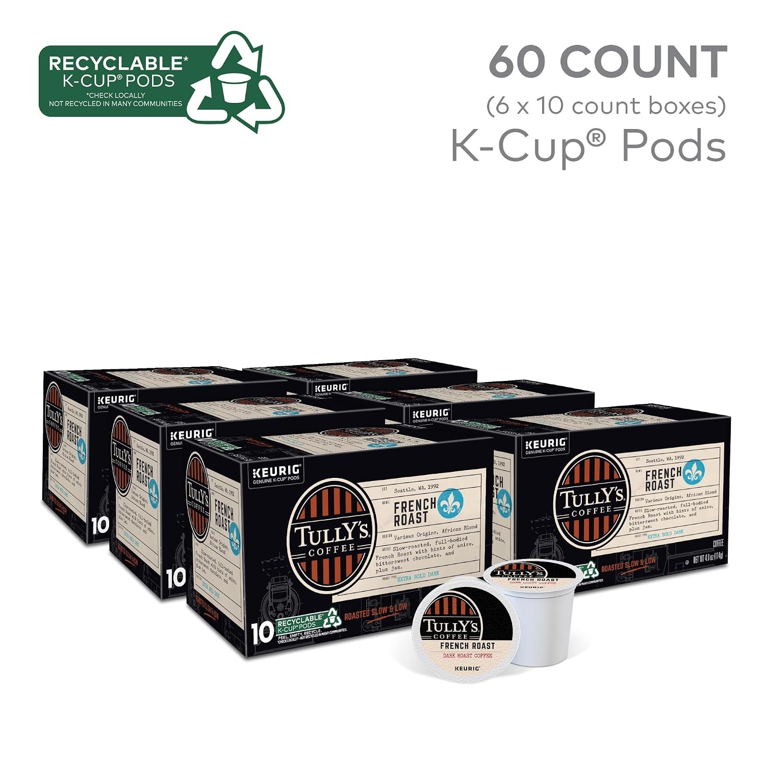image:imageTullys Coffee French Roast Decaf Keurig SingleServe KCup Pods Dark Roast 96 CountFrench Roast