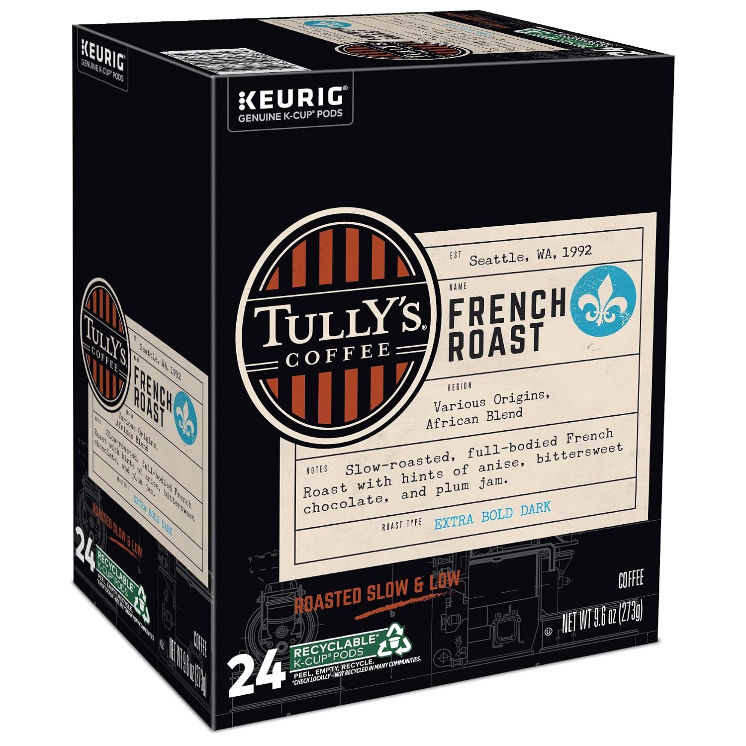 image:imageTullys Coffee French Roast Decaf Keurig SingleServe KCup Pods Dark Roast 96 CountFrench Roast