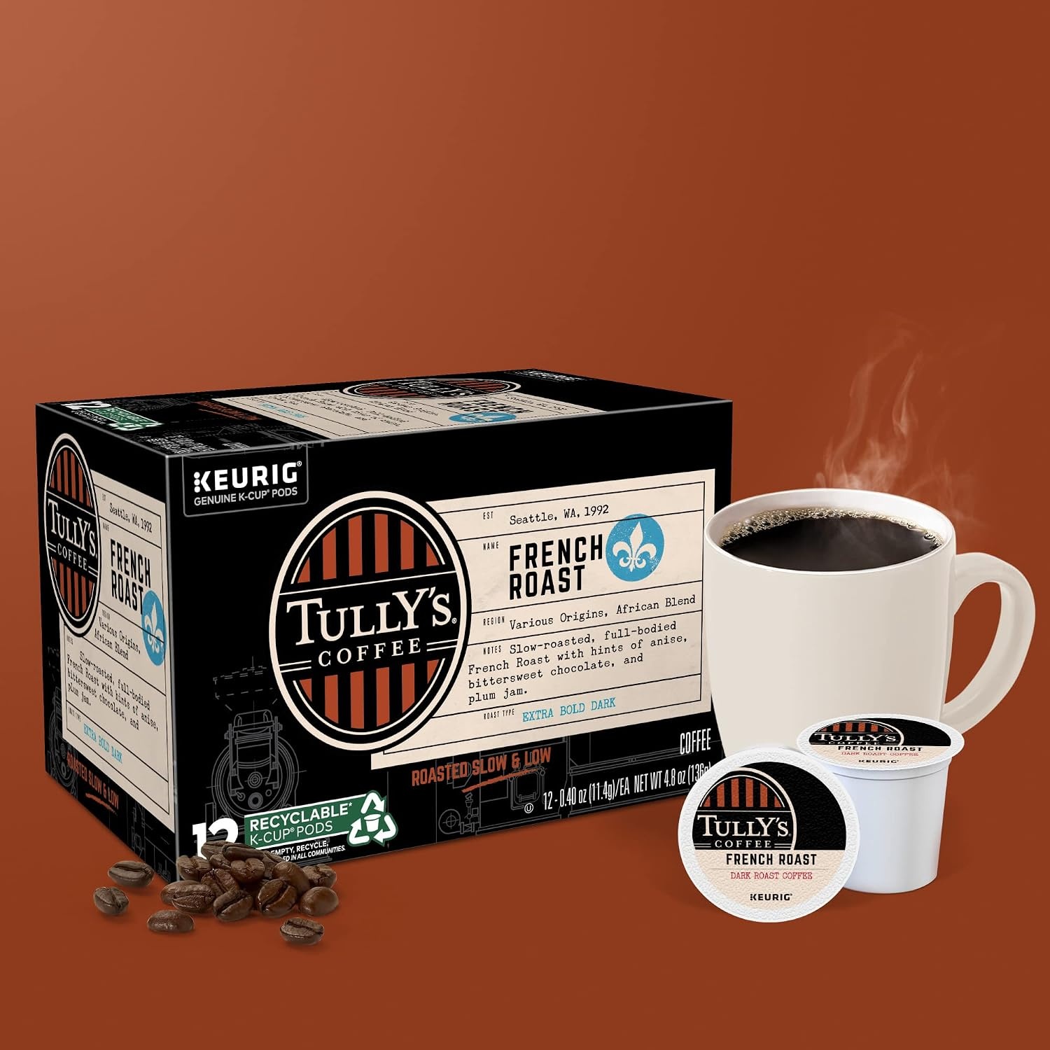 image:imageTullys Coffee French Roast Decaf Keurig SingleServe KCup Pods Dark Roast 96 CountFrench Roast
