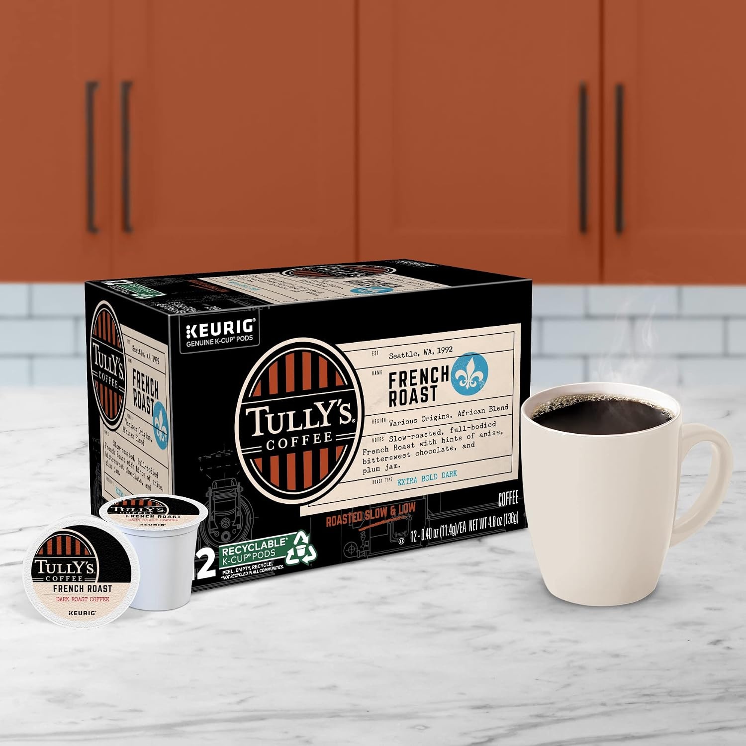 image:imageTullys Coffee French Roast Decaf Keurig SingleServe KCup Pods Dark Roast 96 CountFrench Roast