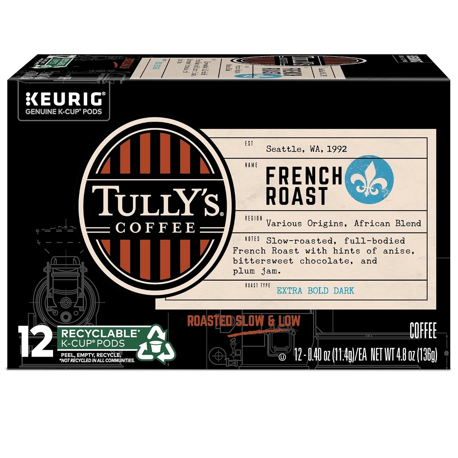 image:imageTullys Coffee French Roast Decaf Keurig SingleServe KCup Pods Dark Roast 96 CountFrench Roast