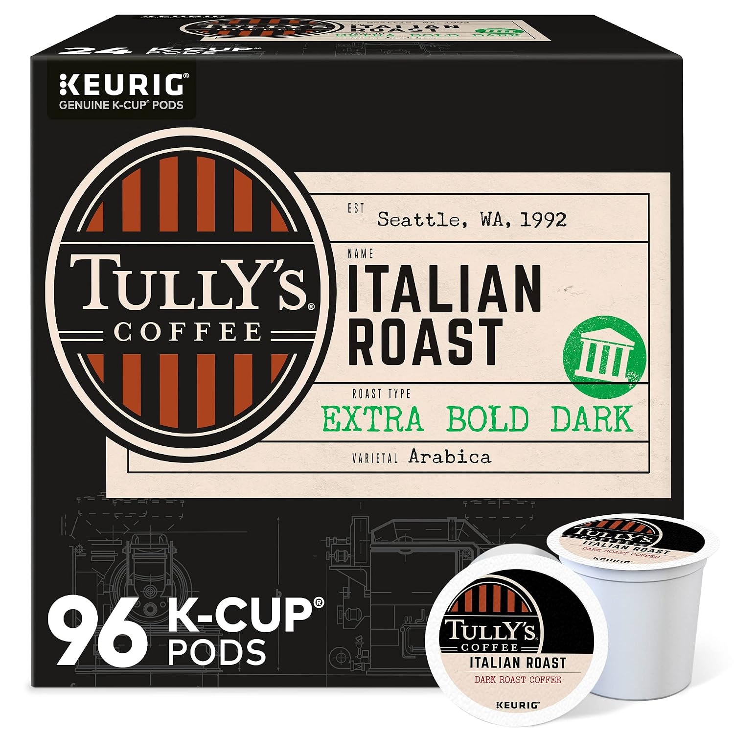 image:imageTullys Coffee French Roast Decaf Keurig SingleServe KCup Pods Dark Roast 96 CountItalian Roast