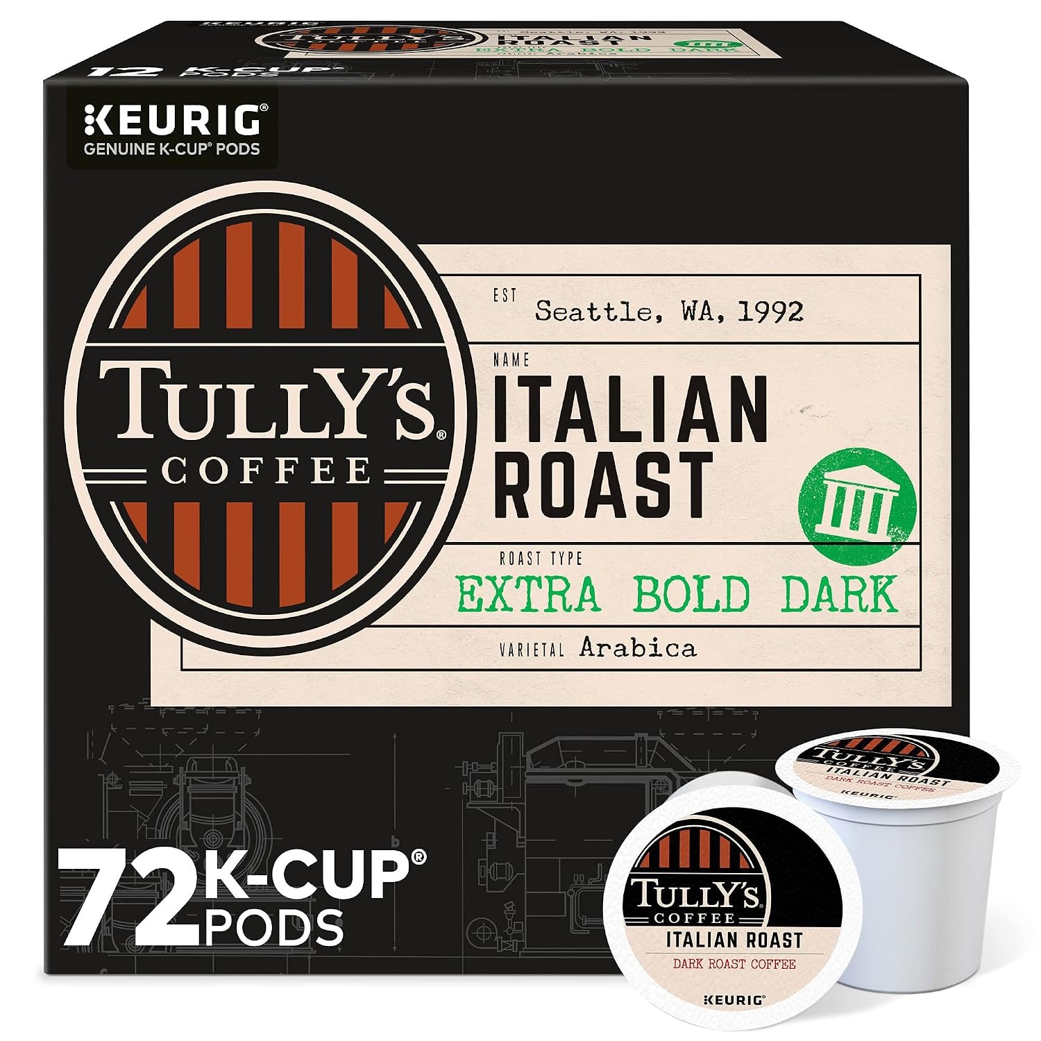 image:imageTullys Coffee French Roast Decaf Keurig SingleServe KCup Pods Dark Roast 96 CountItalian Roast
