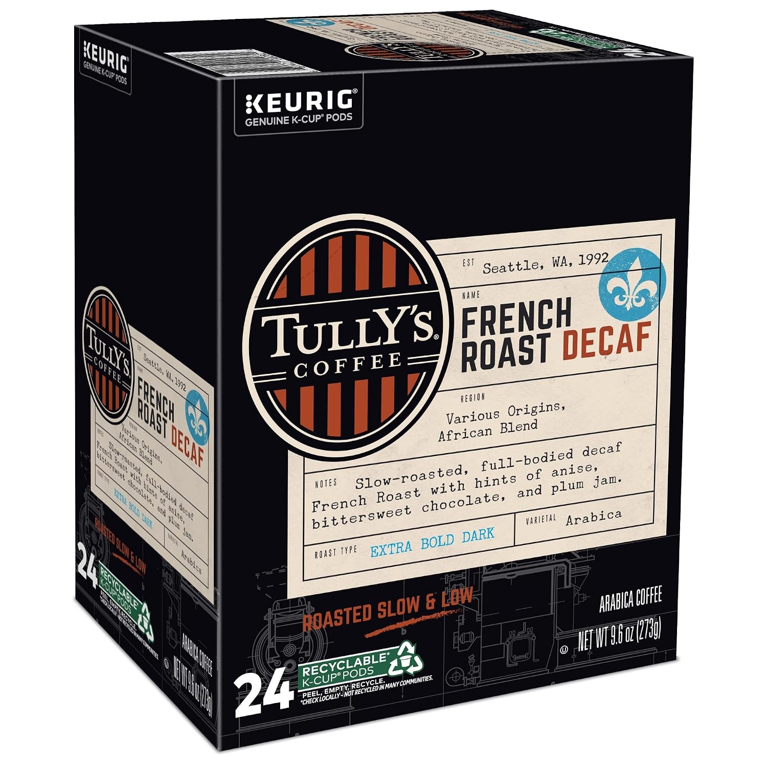 image:imageTullys Coffee Italian Roast Keurig SingleServe KCup Pods Dark Roast Coffee 96 CountDecaf French Roast