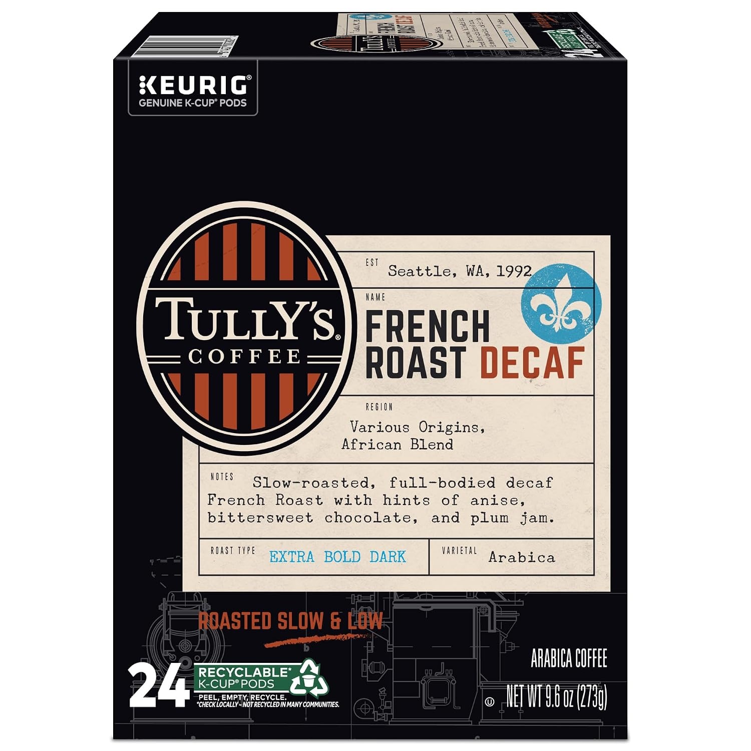 image:imageTullys Coffee Italian Roast Keurig SingleServe KCup Pods Dark Roast Coffee 96 CountDecaf French Roast