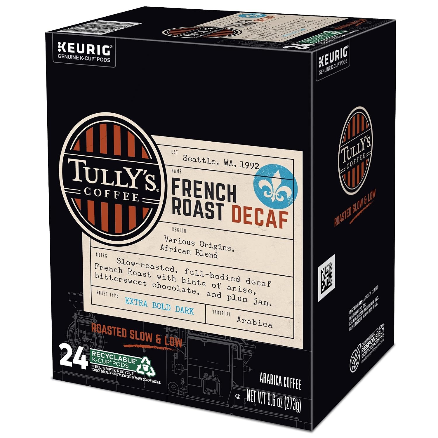 image:imageTullys Coffee Italian Roast Keurig SingleServe KCup Pods Dark Roast Coffee 96 CountDecaf French Roast