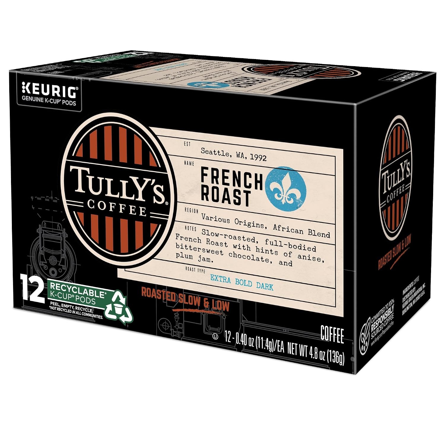 image:imageTullys Coffee Italian Roast Keurig SingleServe KCup Pods Dark Roast Coffee 96 CountFrench Roast
