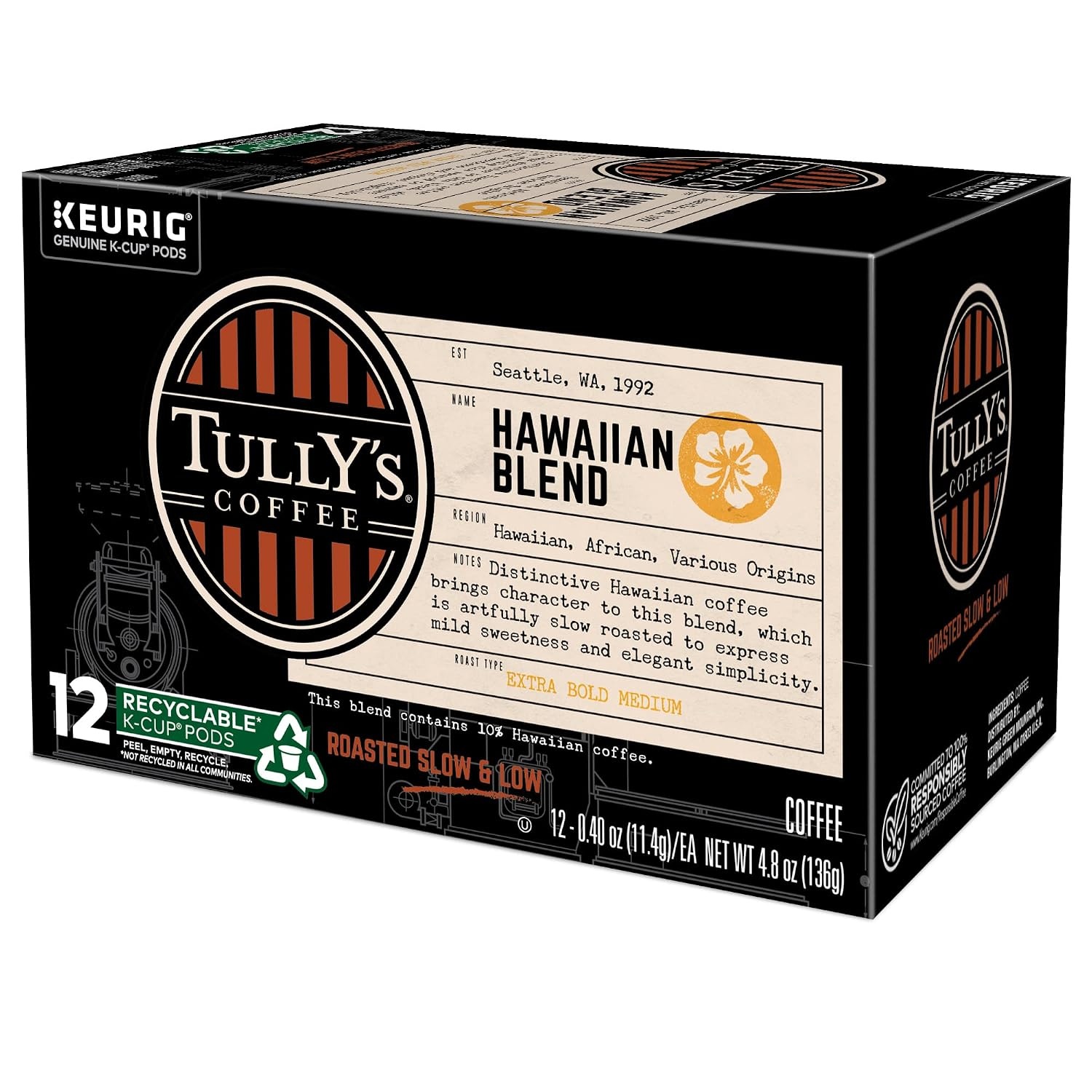 image:imageTullys Coffee Italian Roast Keurig SingleServe KCup Pods Dark Roast Coffee 96 CountHawaiian Blend
