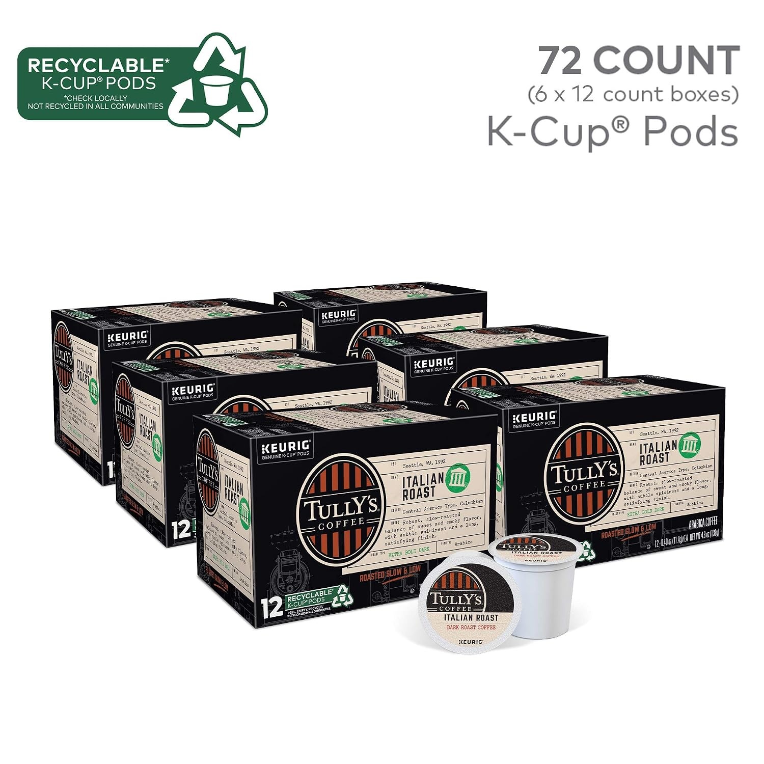 image:imageTullys Coffee Italian Roast Keurig SingleServe KCup Pods Dark Roast Coffee 96 CountItalian Roast